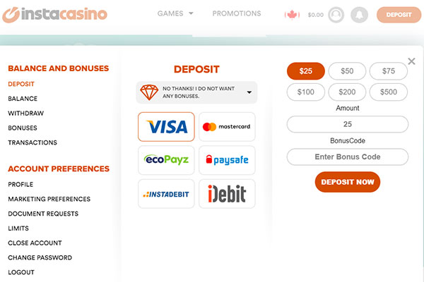 InstaCasino Casino screenshot